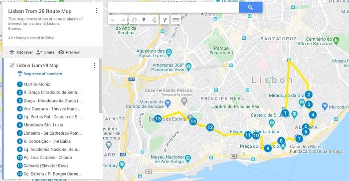 tram 28 in lissabon route plattegrond kaart