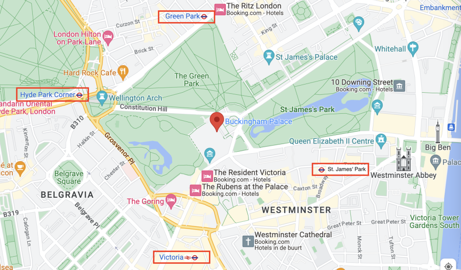 plattegrond metrostations in de buurt van buckingham palace in londen