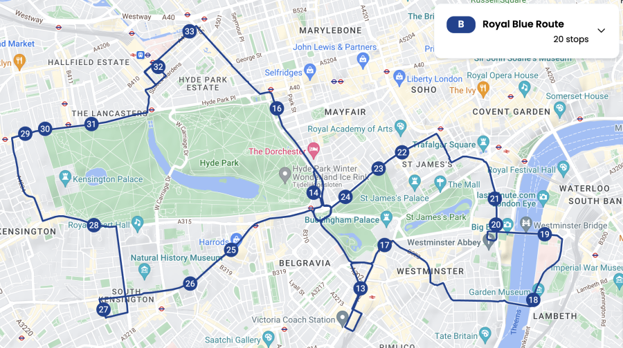 blauwe route hop on hop off bus londen plattegrond