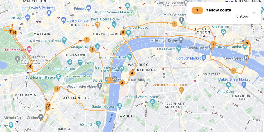 gele route plattegrond hop on hop off bus