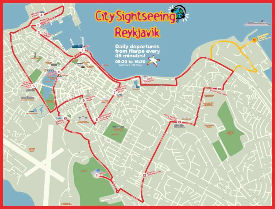 plattegrond route hop on hop off bus reykjavik ijsland